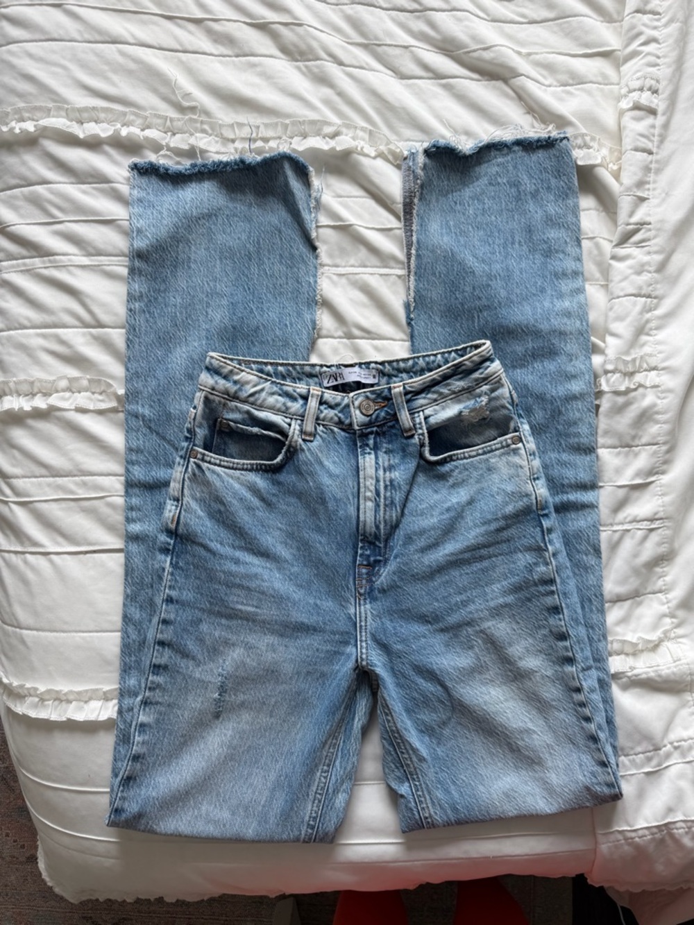 Zara Light Wash High Rise Jeans with Split Hem